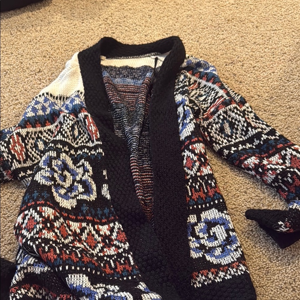 Ecote Black and Blue Cardigan Sweater with Nordic Pattern
